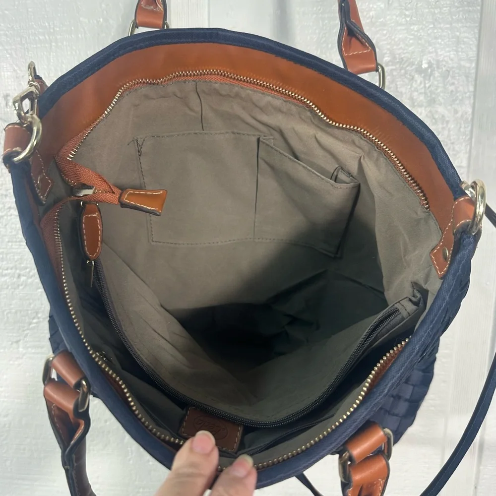 Leda Navy and Brown Purse with Shoulder and Hand Straps NWT - Picture 5 of 8